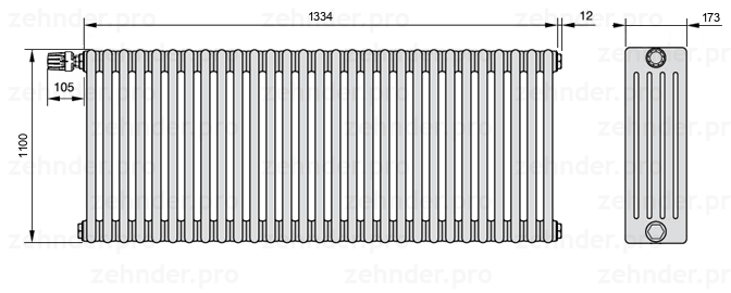 Схема (чертеж) Радиатор Zehnder Charleston 5110/29 №V011 Белый глянцевый RAL 9016